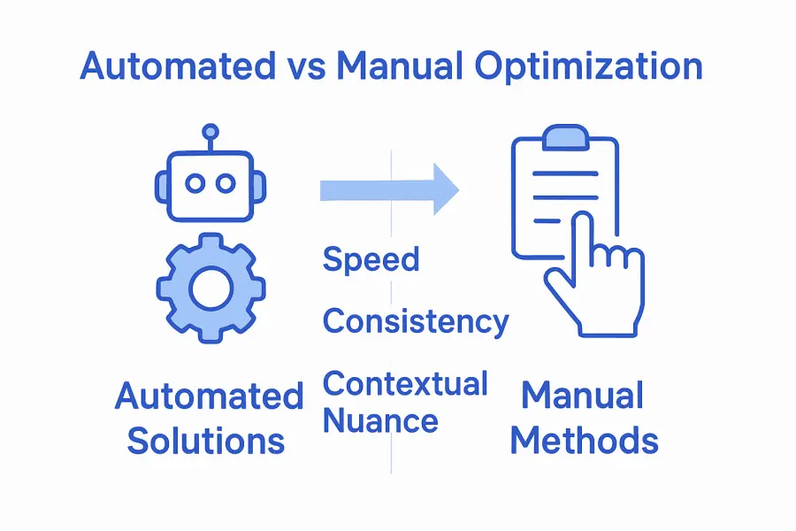 Infographic comparing automated and manual website optimization for AI.