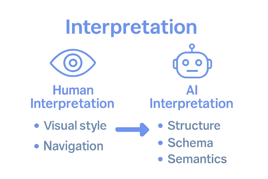 Infographic comparing how humans and AI interpret websites