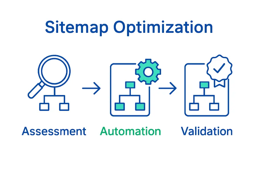 Infographic showing steps for sitemap assessment, automation, and validation.